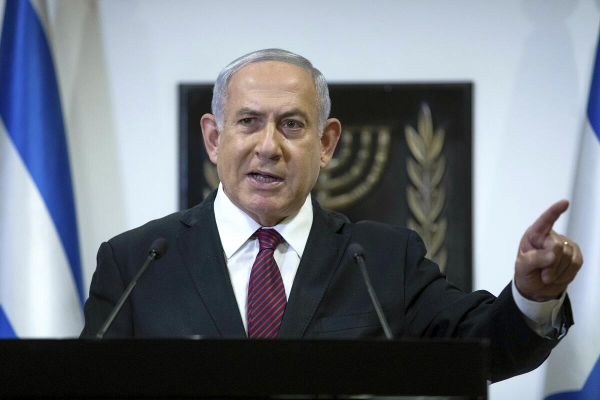 Israeli Prime Minister Benjamin Netanyahu makes a statement in Jerusalem.