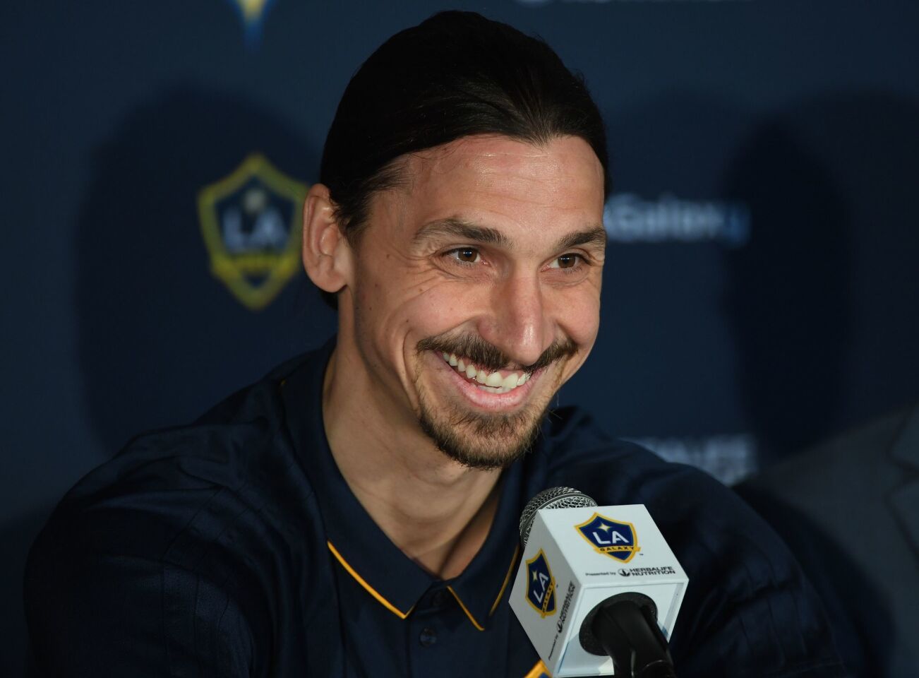 LA Galaxy footballer Zlatan Ibrahimovic speaks during his first press conference for the club in Los Angeles, California, on March 30, 2018. The 36-year-old Swedish striker's move to MLS from Manchester United was confirmed last week, with Ibrahimovic swiftly vowing to reignite the Galaxy's fortunes after they finished bottom of the league last season. / AFP PHOTO / Mark RalstonMARK RALSTON/AFP/Getty Images ** OUTS - ELSENT, FPG, CM - OUTS * NM, PH, VA if sourced by CT, LA or MoD **