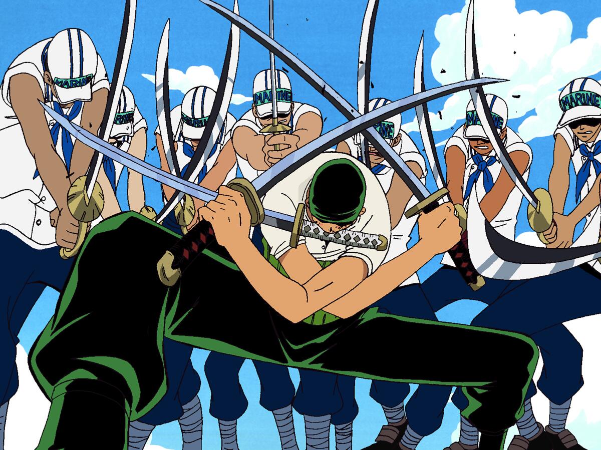 An image of a man in a dark headscarf holding swords in his hands and another in his mouth while fighting other swordsmen