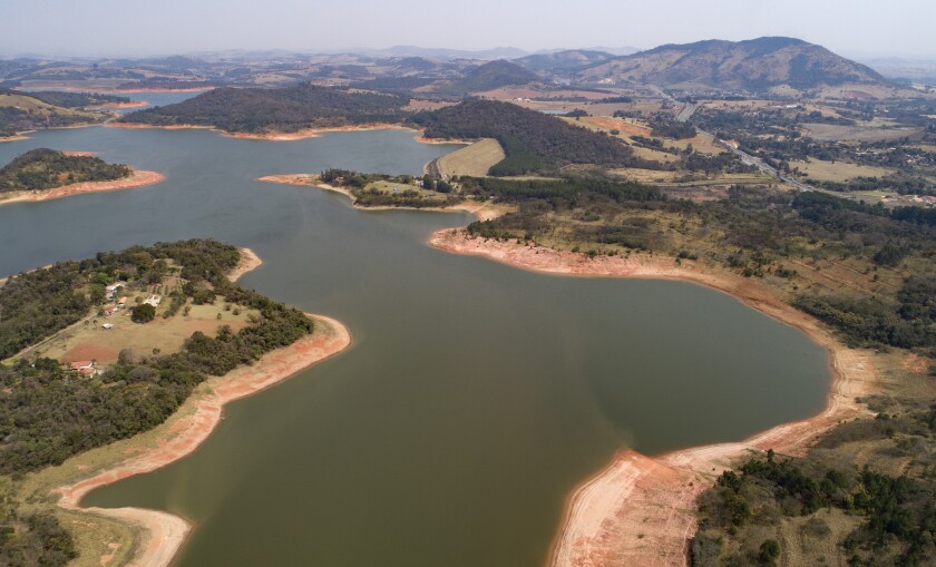 An aerial view of the Jaguari dam in Braganca Paulista, Brazil