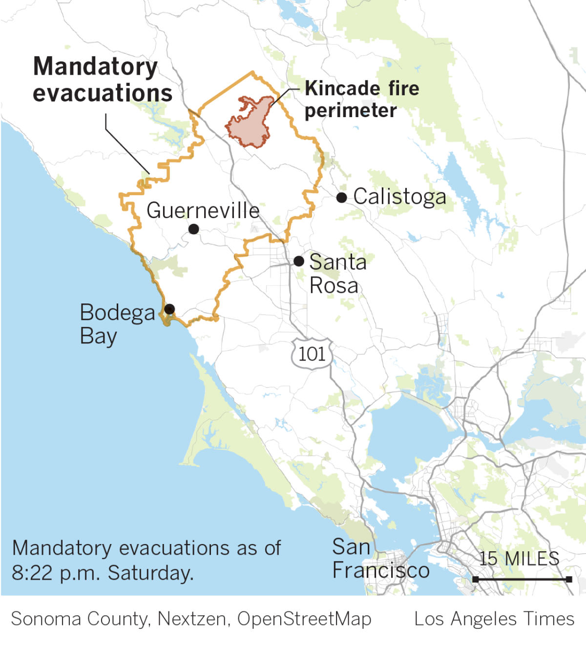 Map of mandatory evacuations near the Kincade fire in California as of 8:22 p.m., Saturday.