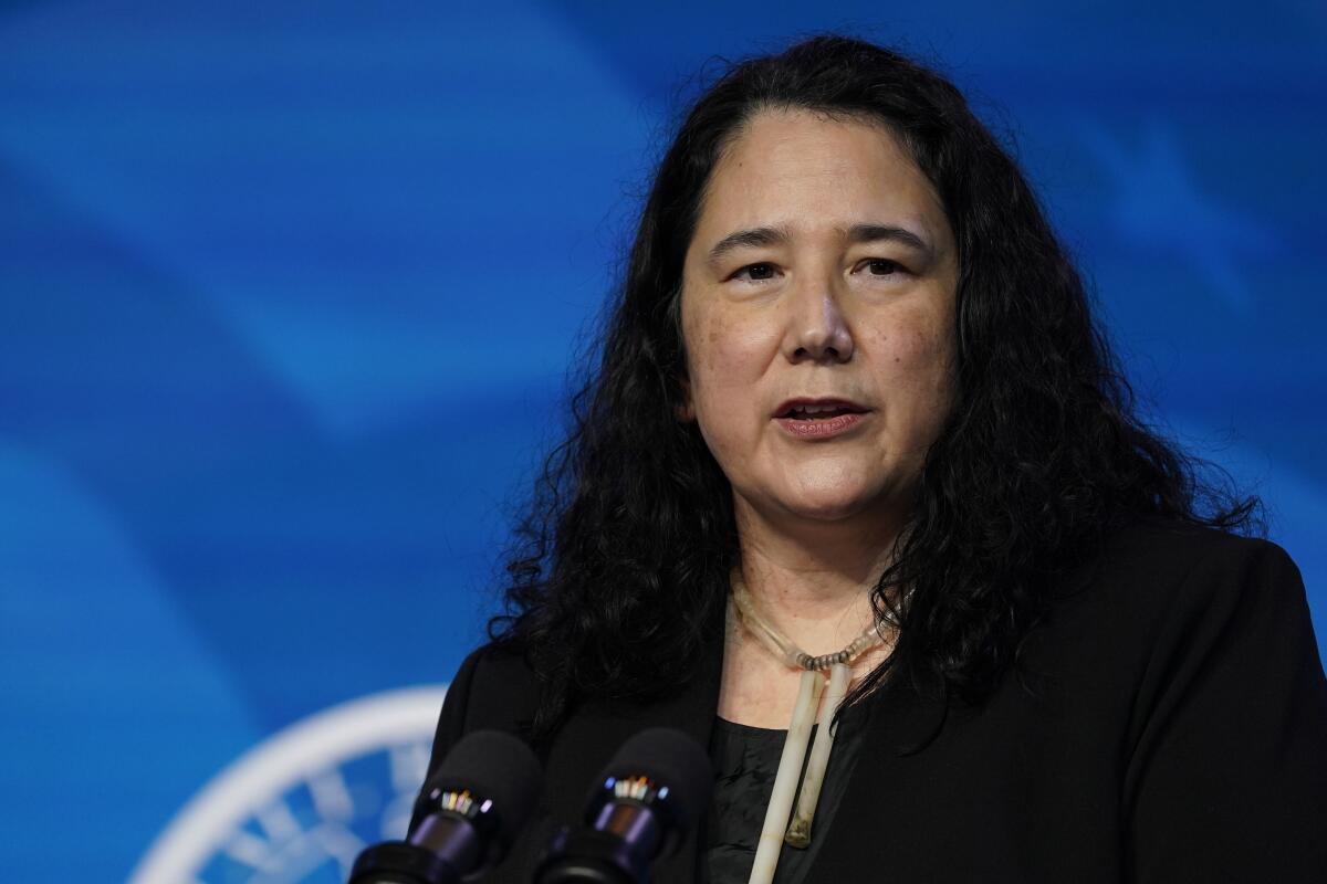 Isabel Guzman speaks at a Biden transition event.