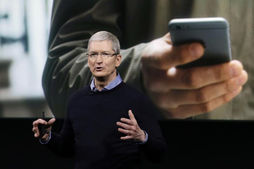 Apple Chief Executive Tim Cook speaks Monday at company headquarters in Cupertino, Calif.