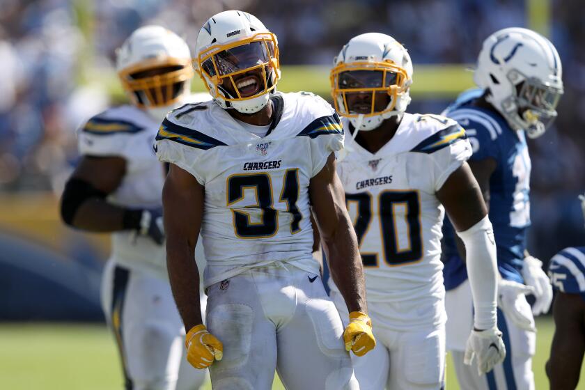 CARSON, CALIFORNIA - SEPTEMBER 08: Adrian Phillips #31 of the Los Angeles Chargers reacts after a tackle of Marlon Mack #25 of the Indianapolis Colts during the second half of a game at Dignity Health Sports Park on September 08, 2019 in Carson, California. (Photo by Sean M. Haffey/Getty Images)