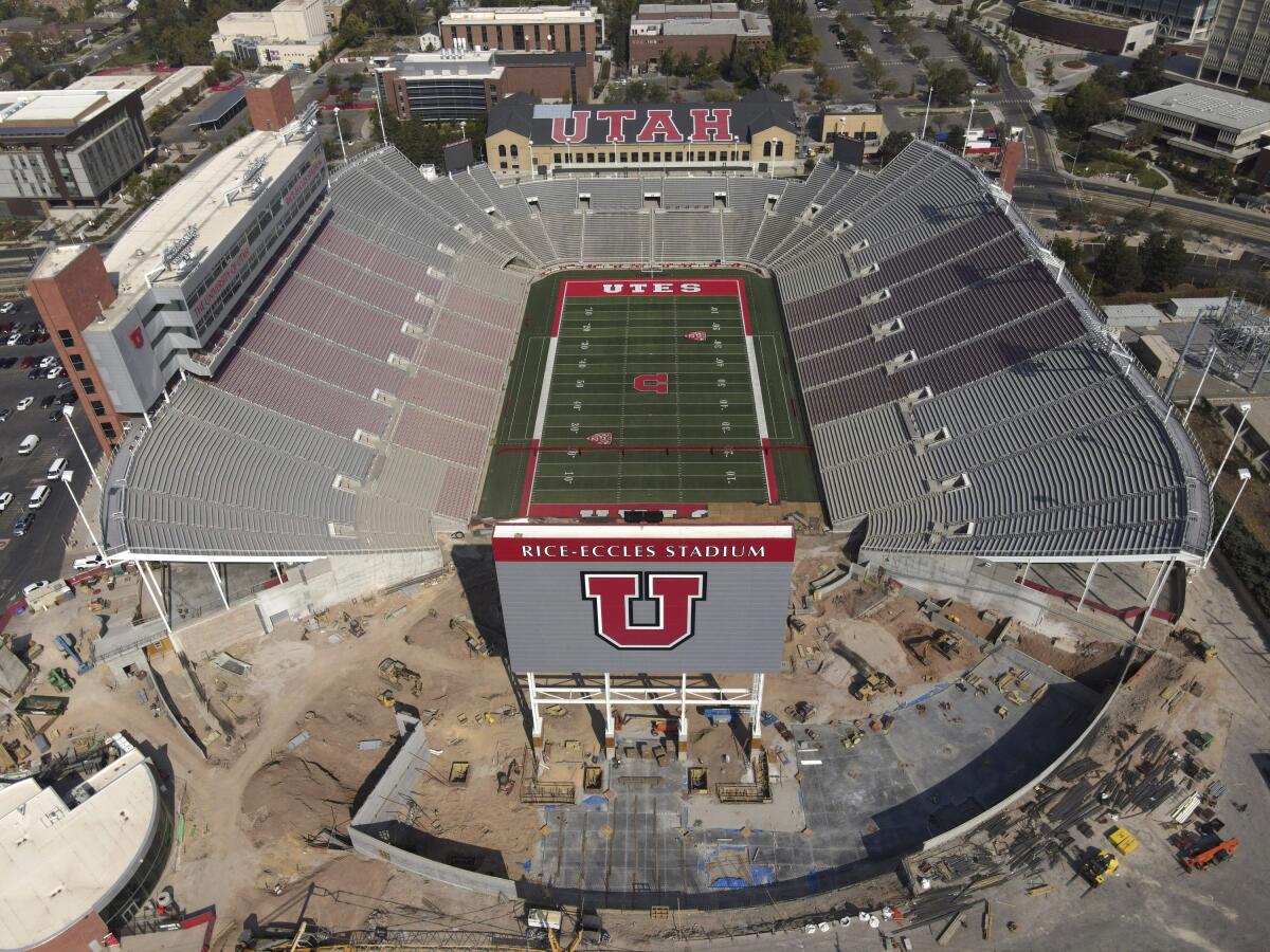 An aerial view shows Rice-Eccles Stadium, home of the University of Utah football team