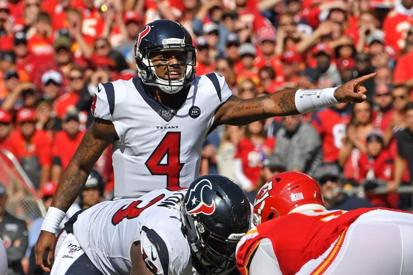 KANSAS CITY, MO - OCTOBER 13: Quarterback Deshaun Watson #4 of the Houston Texans calls out instructions from the line of scrimmage against the Kansas City Chiefs during the first half at Arrowhead Stadium on October 13, 2019 in Kansas City, Missouri. (Photo by Peter G. Aiken/Getty Images)
