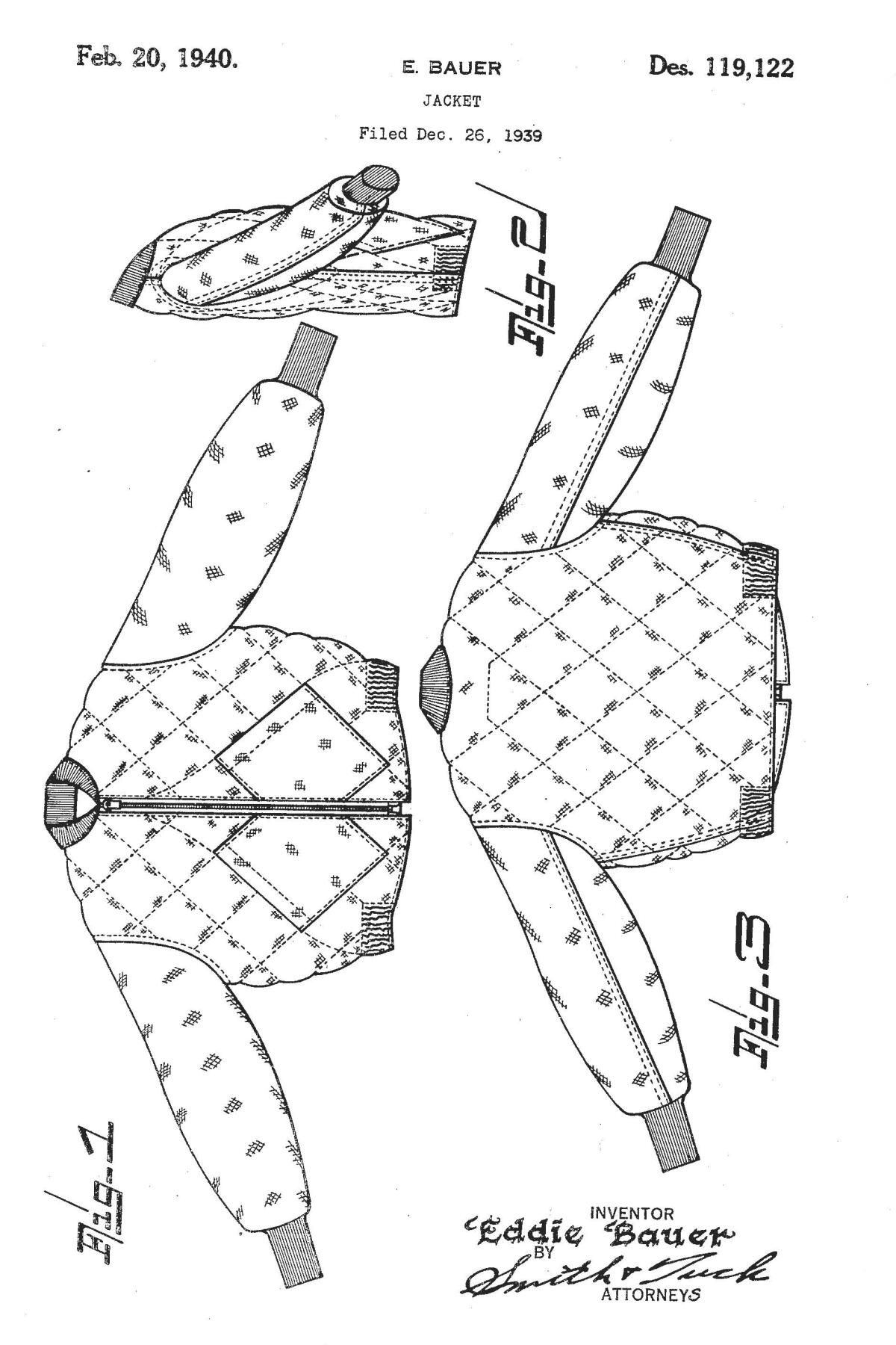 Patent drawing for Eddie Bauer's original 1940 Skyliner Jacket. 