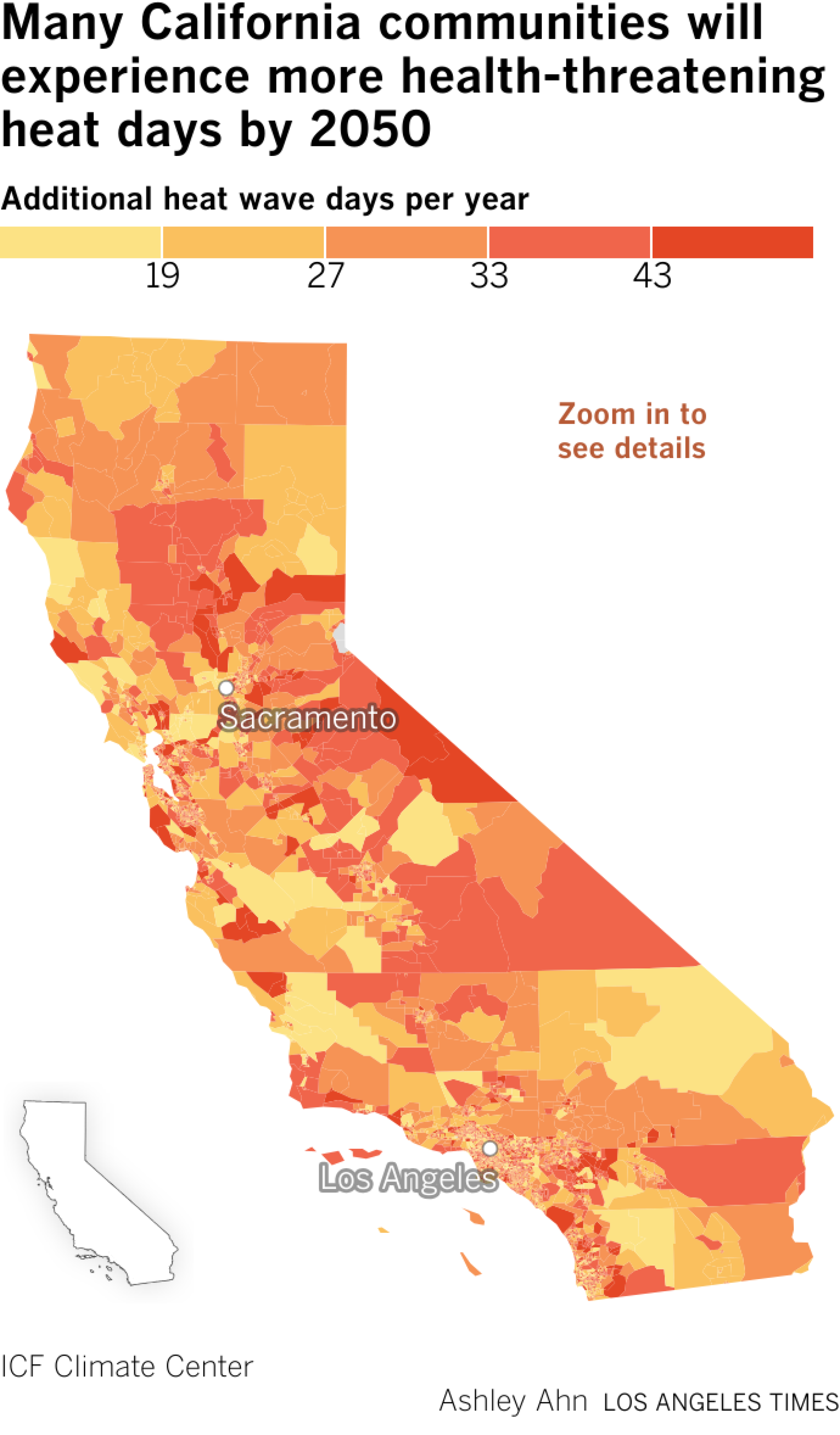 Choropleth map of the number of additional heatwave days per year in California by 2050 