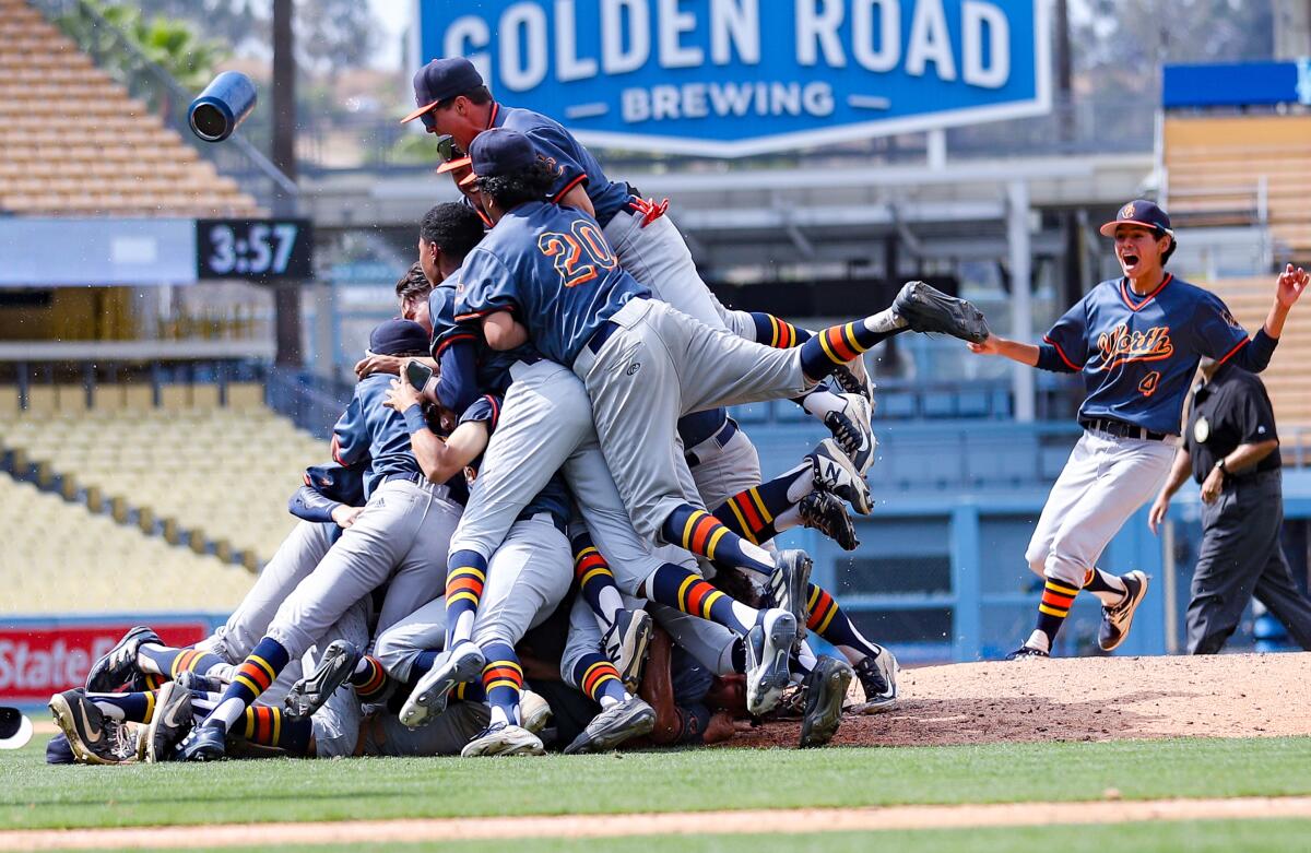 Chatsworth players celebrate 2-0 win over Birmingham in City Section Open Division championship game at Dodger Stadium.