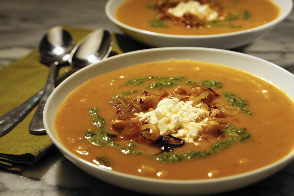 Spiced vegetable soup is made from a recipe by Sabrina Ghayour's "Persiana."