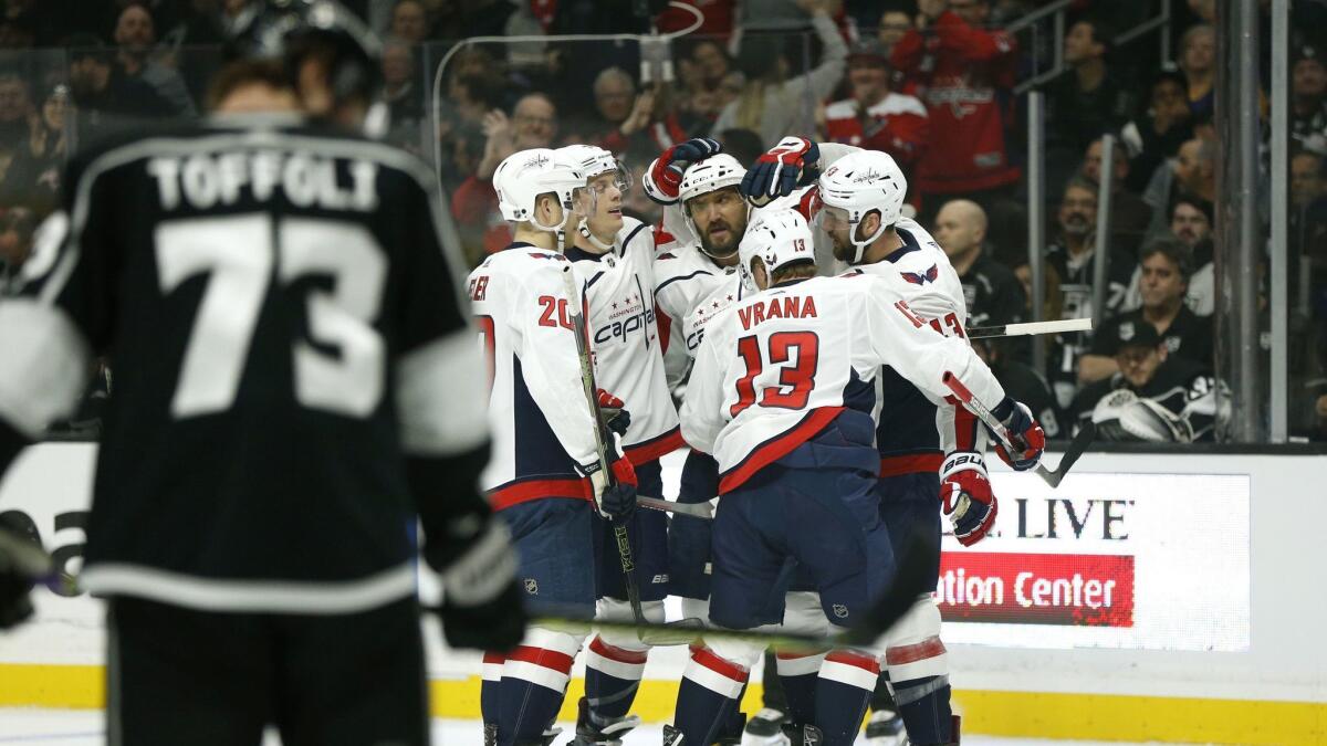Washington Capitals celebrate a goal during the first period against the Kings at Staples Center on February 18, 2019.
