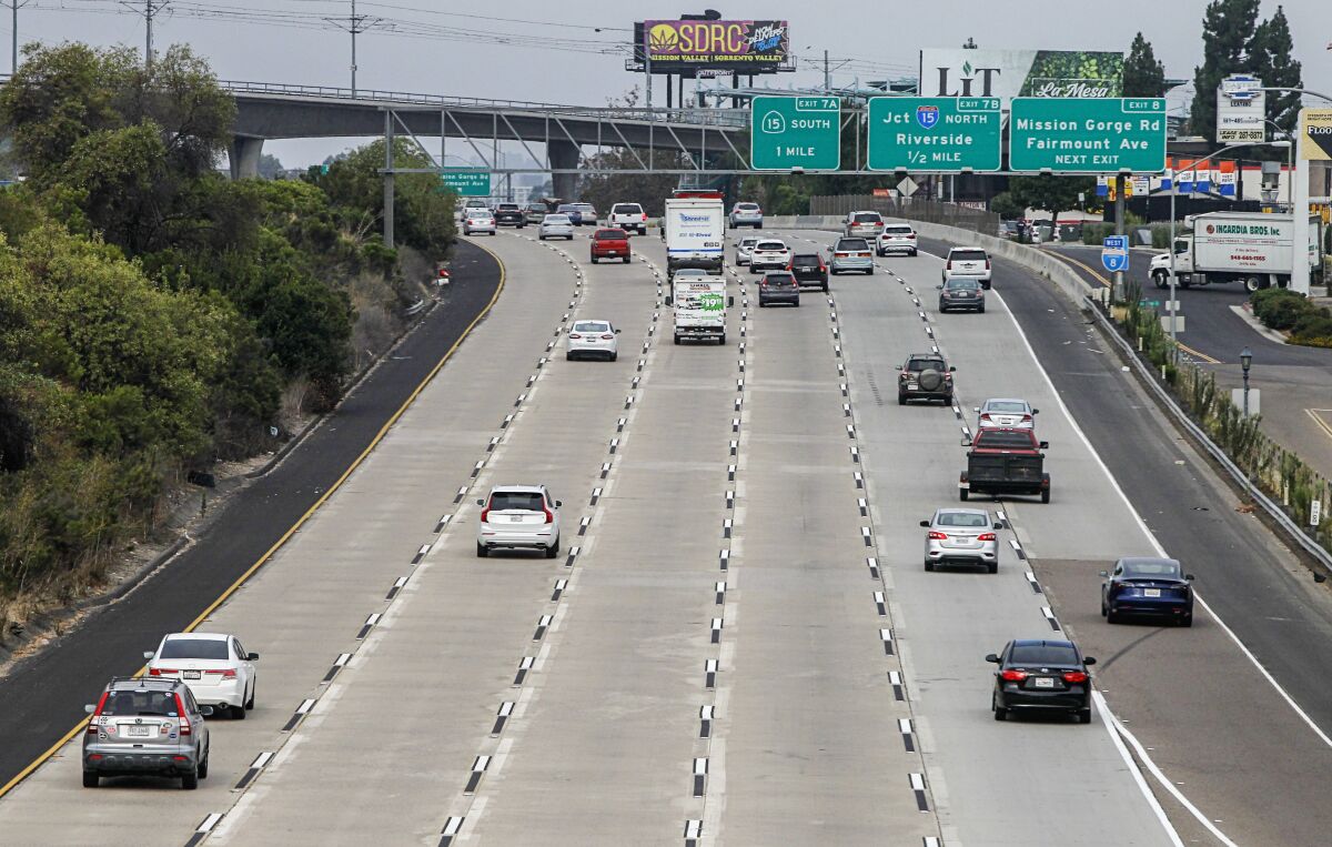 Commuters travel during morning commute hours along westbound Interstate 8 west of Waring Road on Wednesday, Aug. 26, 2020.