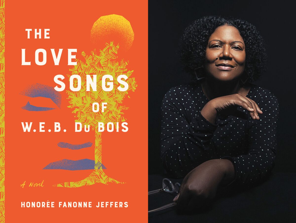 This combination of photos released by Harper shows cover art for "The Love Songs of W.E.B. DuBois," left, and a portrait of author Honorée Fanonne Jeffers. The novel about racism, resilience and identity named for the influential Black scholar and activist, has received the fiction prize from the National Book Critics Circle. (Harper via AP, left, and Sydney A. Foster/Harper via AP)