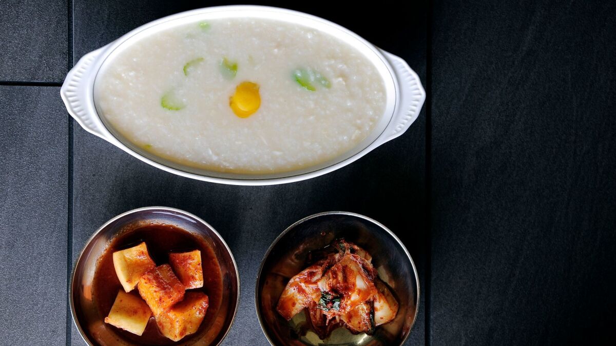 The abalone porridge and banchan at Mountain, a soothing stop in a spa crawl.