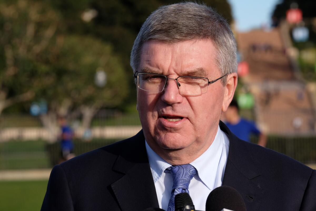 International Olympic Committee President Thomas Bach at a news conference at UCLA on Monday.