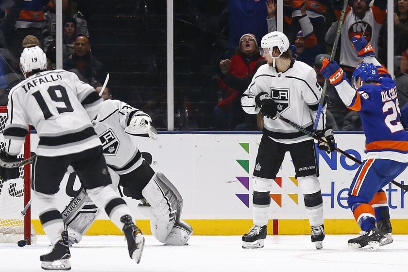 New York Islanders left wing Michael Dal Colle (28) celebrates scoring a goal past Los Angeles Kings goaltender Jonathan Quick in the third period of an NHL hockey game Saturday, Feb. 2, 2019, in Uniondale, N.Y. The Islanders won 4-2. (AP Photo/Adam Hunger)