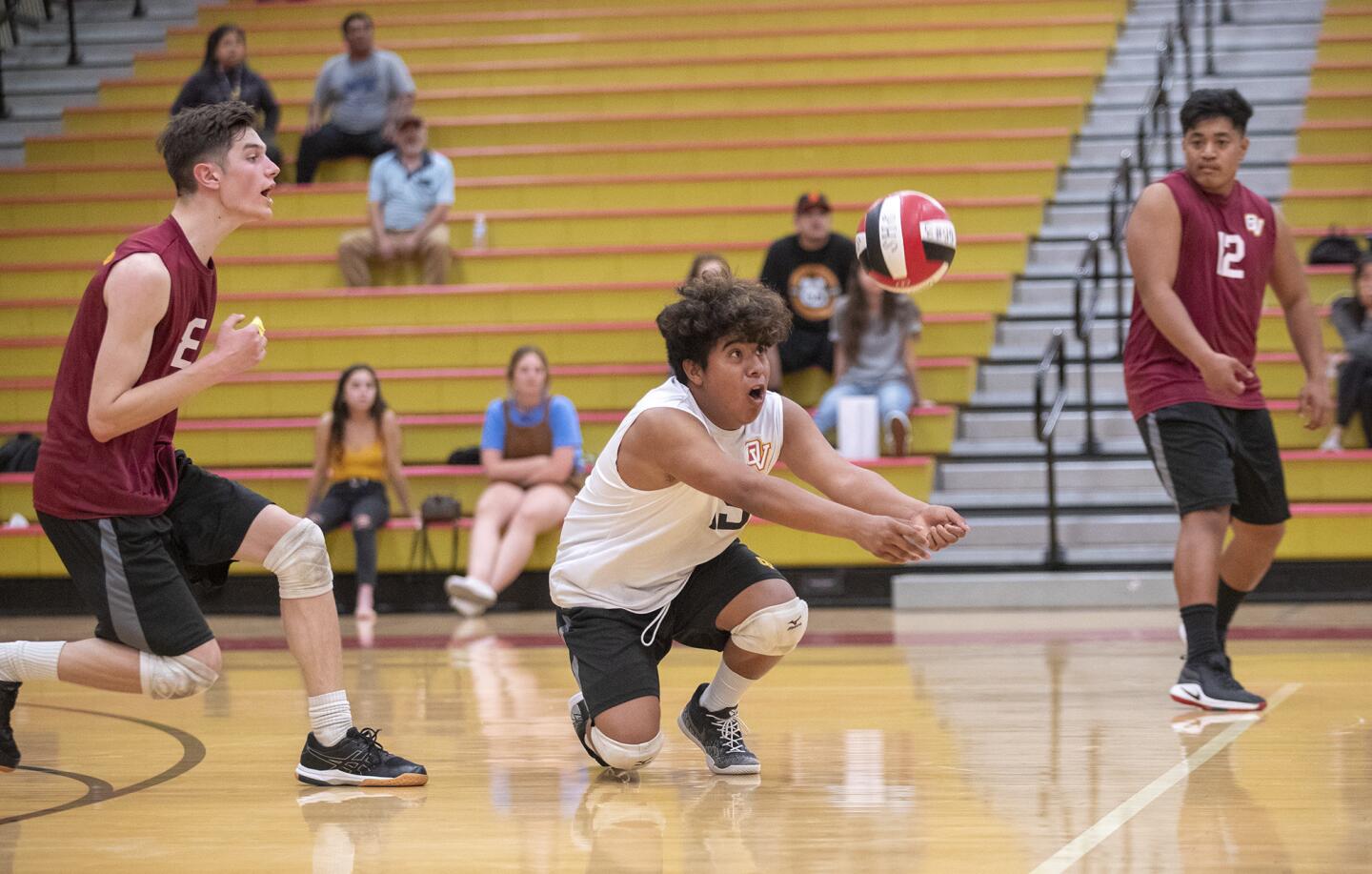 Ocean View's Aimar Herrera digs a ball during a Golden West League match at Segerstrom on Tuesday.