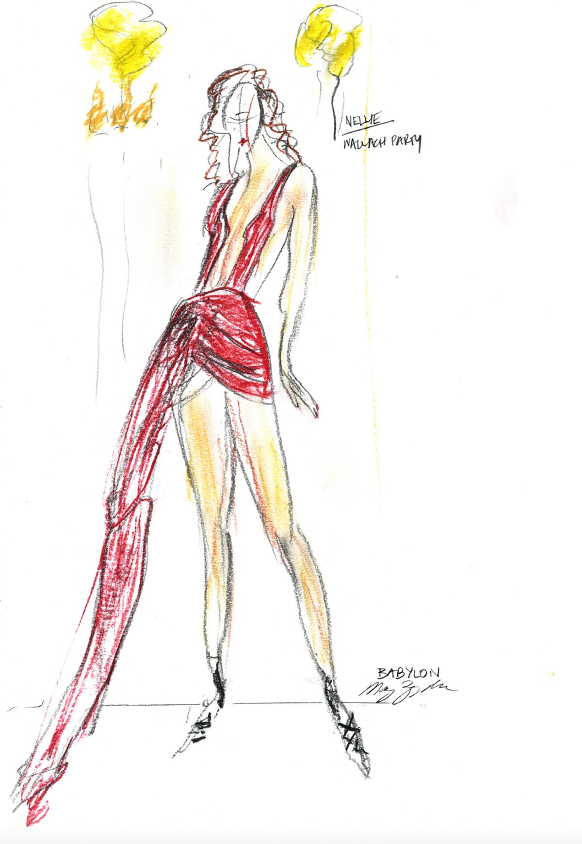 A sketch of the low-cut red dress Margot Robbie wears.