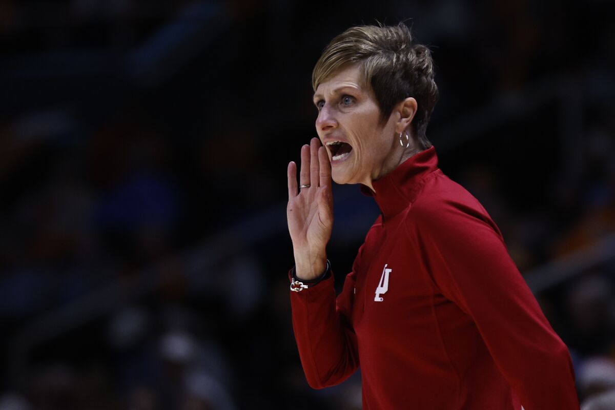 Indiana head coach Teri Moren yells to her players during the first half of an NCAA college basketball game against Tennessee, Monday, Nov. 14, 2022, in Knoxville, Tenn. (AP Photo/Wade Payne)