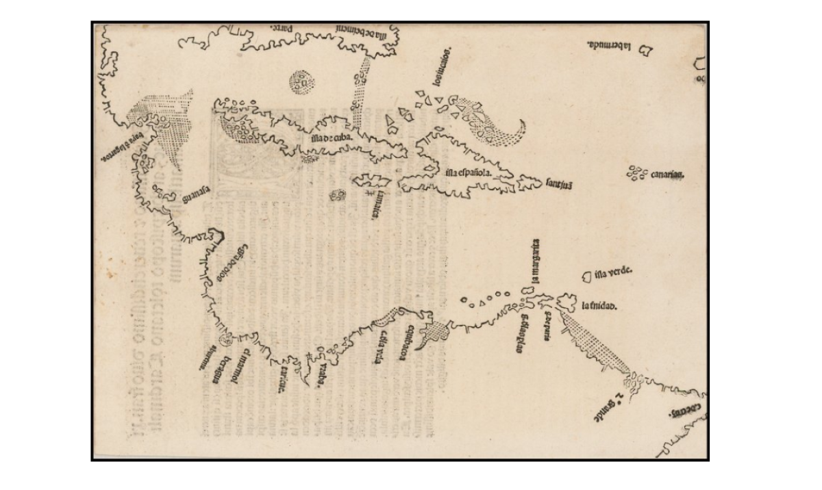 Florida is depicted on this map of the Caribbean (near the top, as ‘illa de beimeni’) two years before it was ‘discovered’ by Ponce de Leon.