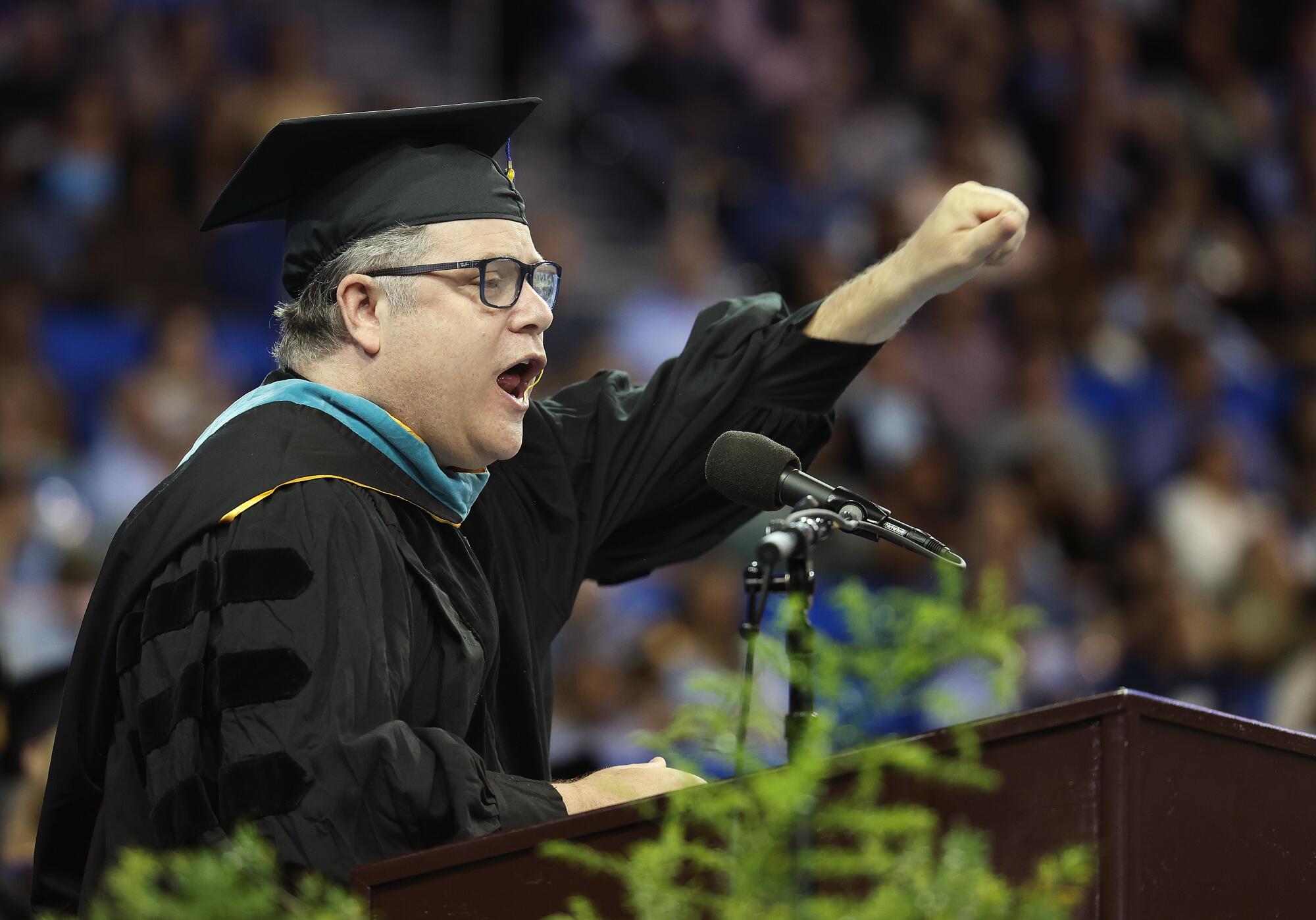 Actor Sean Astin delivers the keynote speech at UCLA's Pauley Pavilion.