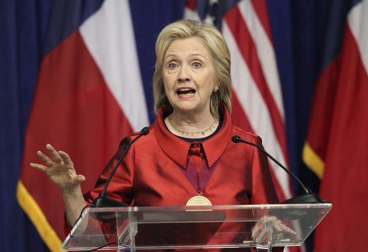 Hillary Rodham Clinton speaks in Houston last week. On Saturday, she'll deliver the first major address of her presidential campaign.
