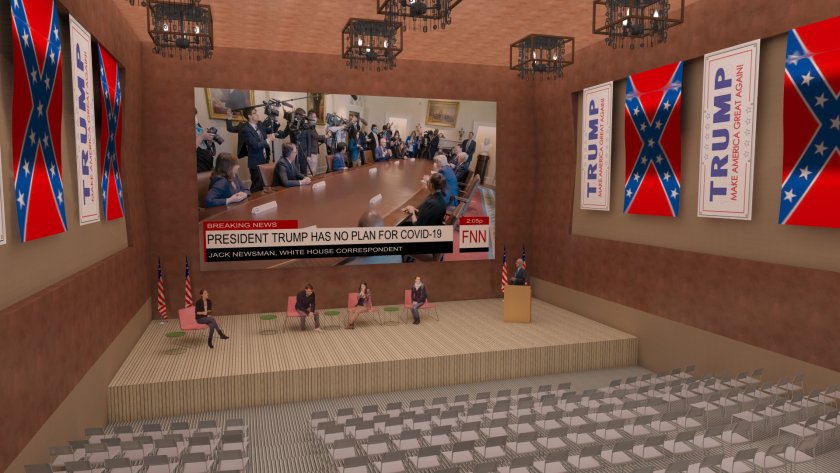 A rendering shows an auditorium lined with Trump banners and Confederate flags