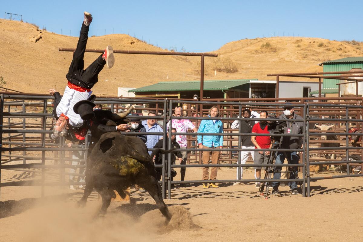 A man upside down in the air after being thrown off a bull 