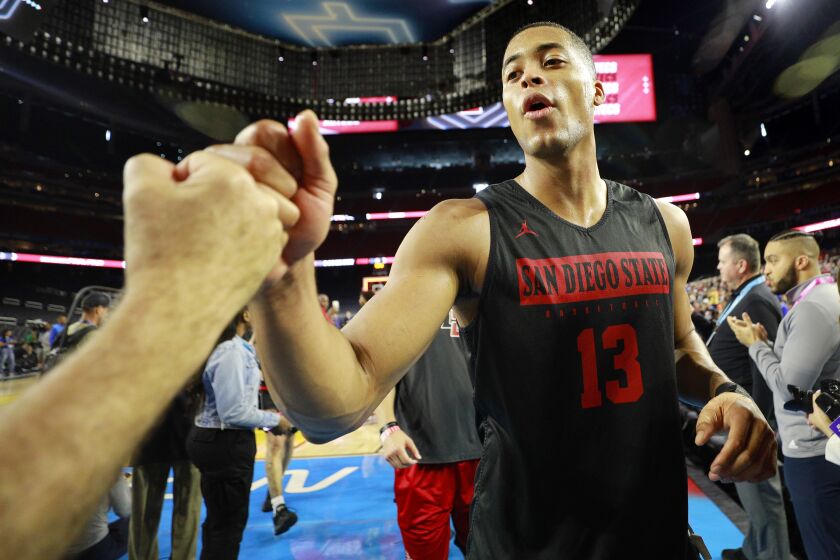 Houston, TX - March 31: San Diego State's Jaedon LeDee leaves the court after a practice for a Final Four game in the NCAA Tournament on Friday, March 31, 2023 in Houston, TX. (K.C. Alfred / The San Diego Union-Tribune)