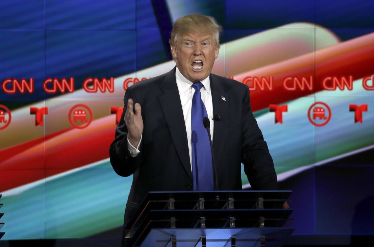 Donald Trump speaks during a Republican presidential primary debate at the University of Houston on Feb. 25, 2016.