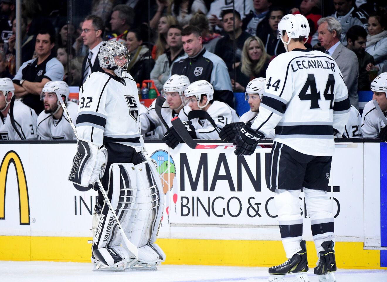 Kings goalie Jonathan Quick exits the game against the Ducks in the second period when trailing 3-0.