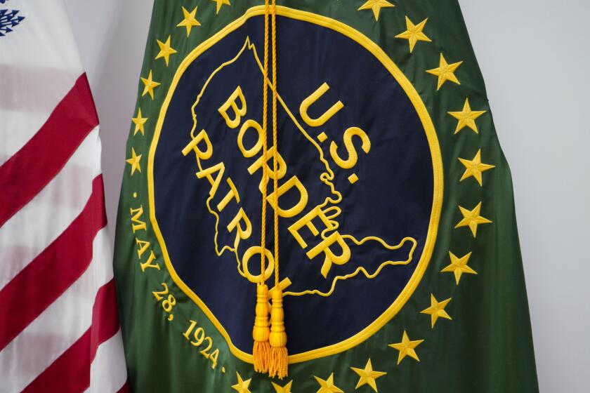 U.S. Border Patrol flag on display before U.S. Department of Homeland Security Secretary Kirstjen M. Nielsen scheduled stop at the USBP El Centro Station to meets agents and staff before going to the U.S. Mexico border where construction for the bollard fence is currently underway along the border in Calexico.