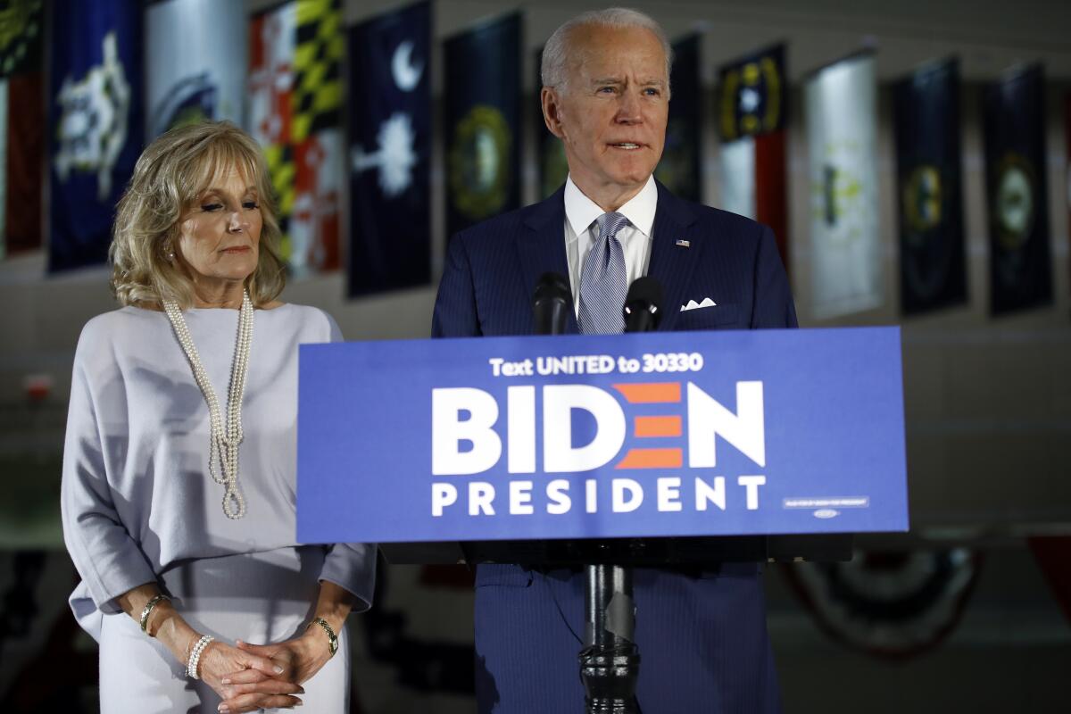 Democratic presidential candidate former Vice President Joe Biden, accompanied by his wife, Jill.