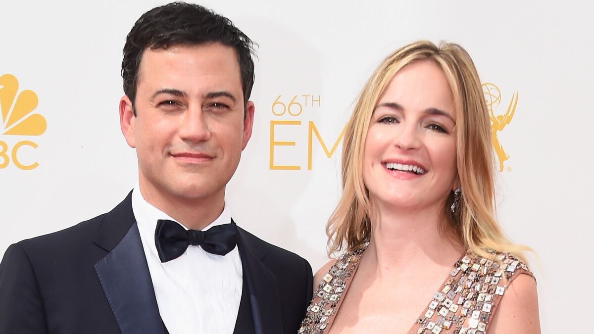 TV host Jimmy Kimmel and his writer-producer wife Molly McNearney made it to the red carpet in time Monday after taking public transportation to the 66th Primetime Emmy Awards in downtown L.A.