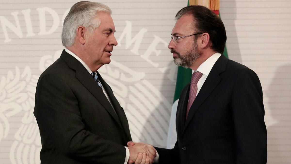 U.S. Secretary of State Rex Tillerson, left, shakes hands with Mexican Foreign Secretary Luis Videgaray in Mexico City on Feb. 23.