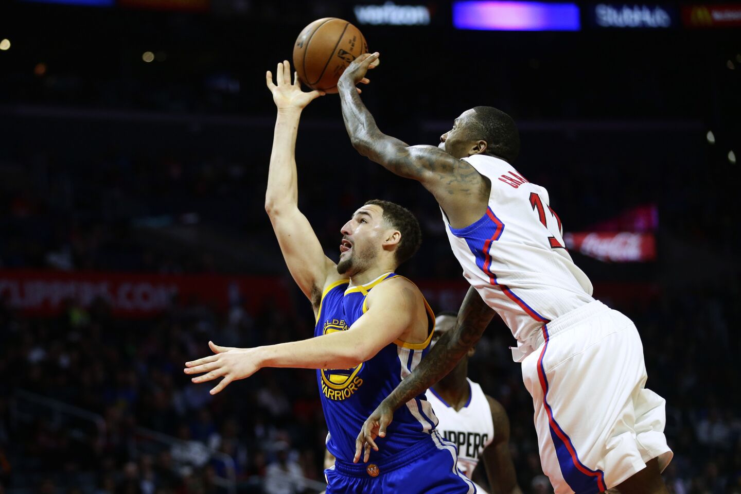 Clippers guard Jamal Crawford blocks a shot by Warriors guard Klay Thompson during the second half action.