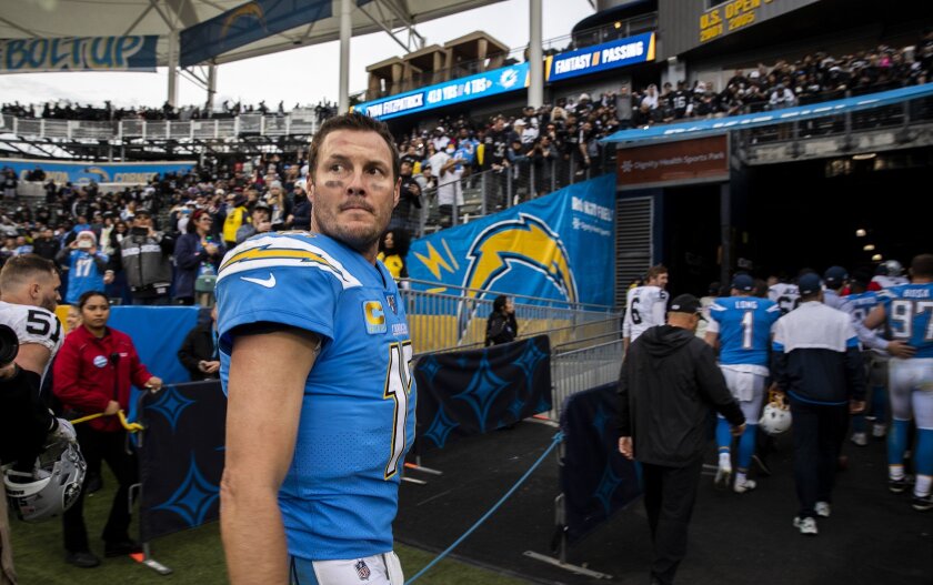 Los Angeles Chargers quarterback Philip Rivers (17) looks back for the last time after game at Dignity Health Sports Park.