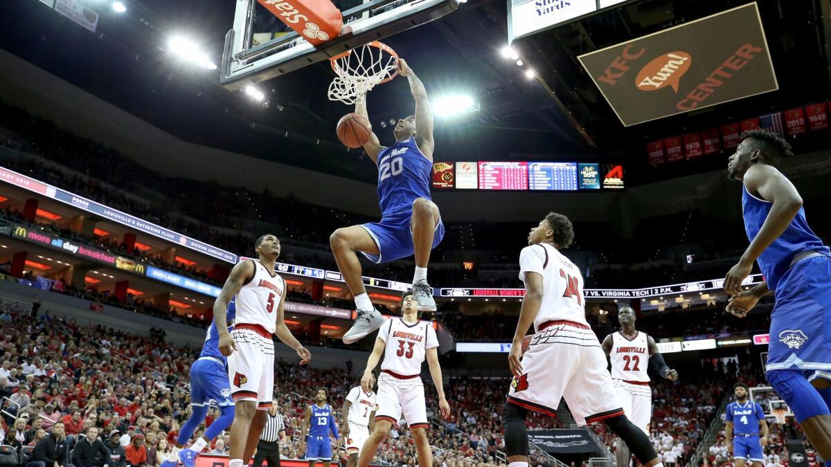 Desi Rodriguez of the Seton Hall Pirates dunks the ball against the Louisville Cardinals.