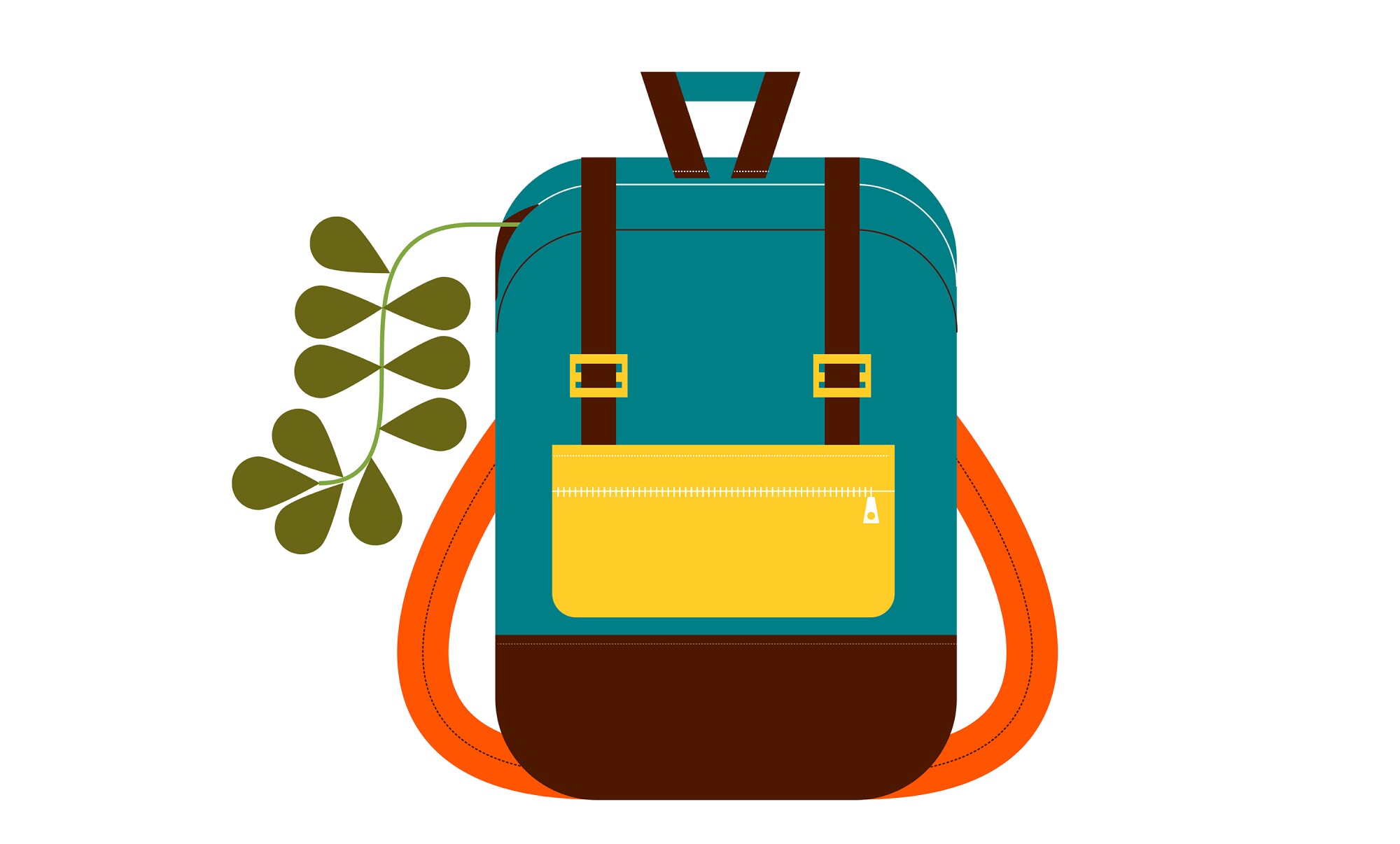 Illustration of a backpack with a leafy vine coming out of the zipper pouch.