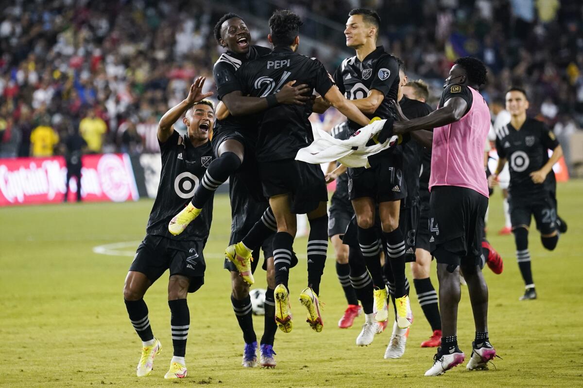 MLS All-Star players celebrate after FC Dallas forward Ricardo Pepi scored the winning goal in a penalty shoot out.