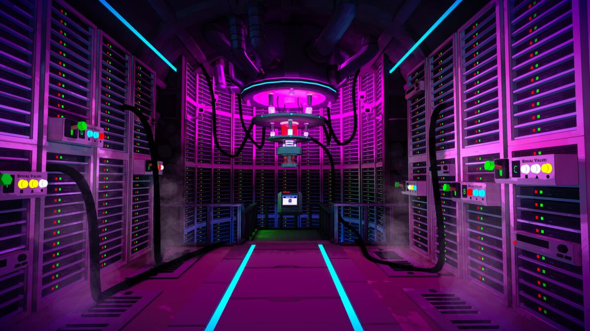 A video game still of a circuit breaker room lit up in purple