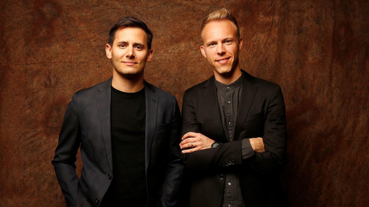 Benj Pasek, left, and Justin Paul, whose song "This Is Me" is nominated for an Academy Award.