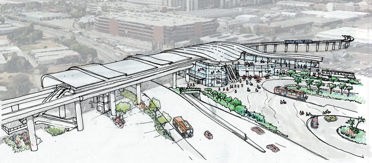 Artist's concept sketch of the light-rail station to be built at 96th Street and Aviation Boulevard, where passengers will board an aerial circulator train to their terminals. (Metro)