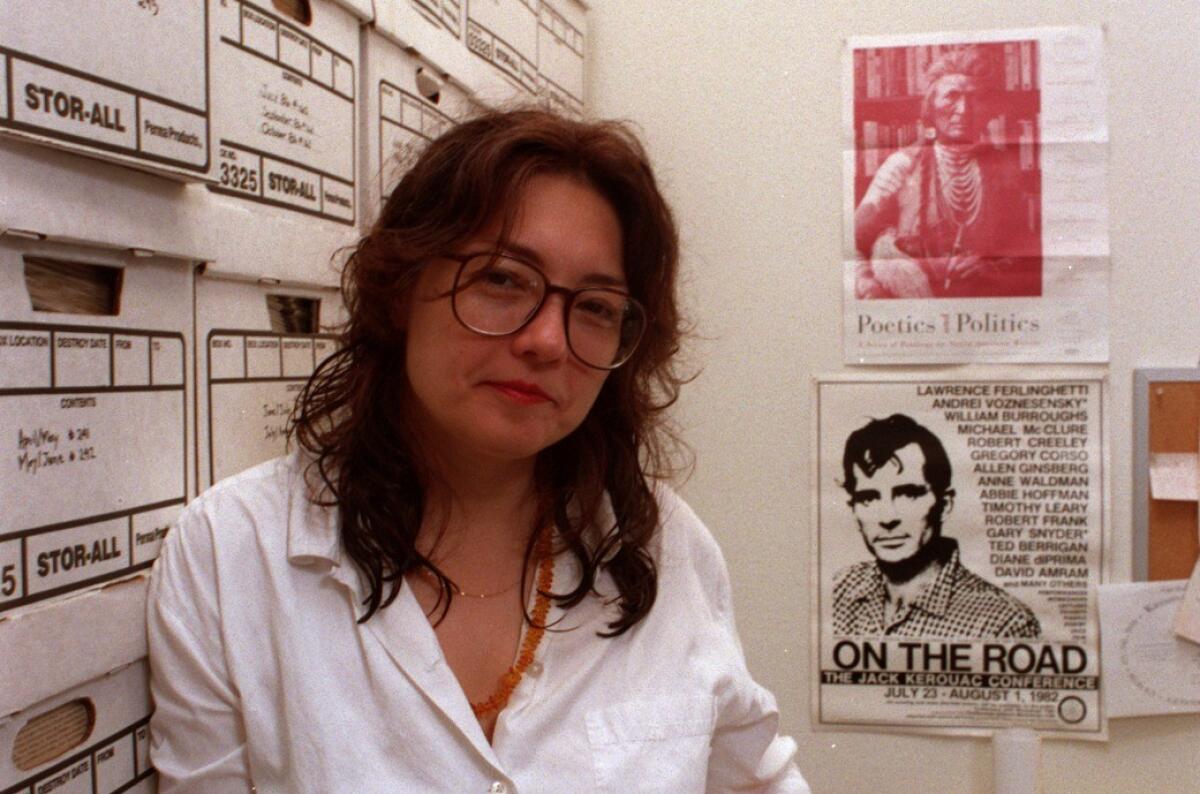 Joyce Jenkins, photographed in 1996 at the offices of Poetry Flash.