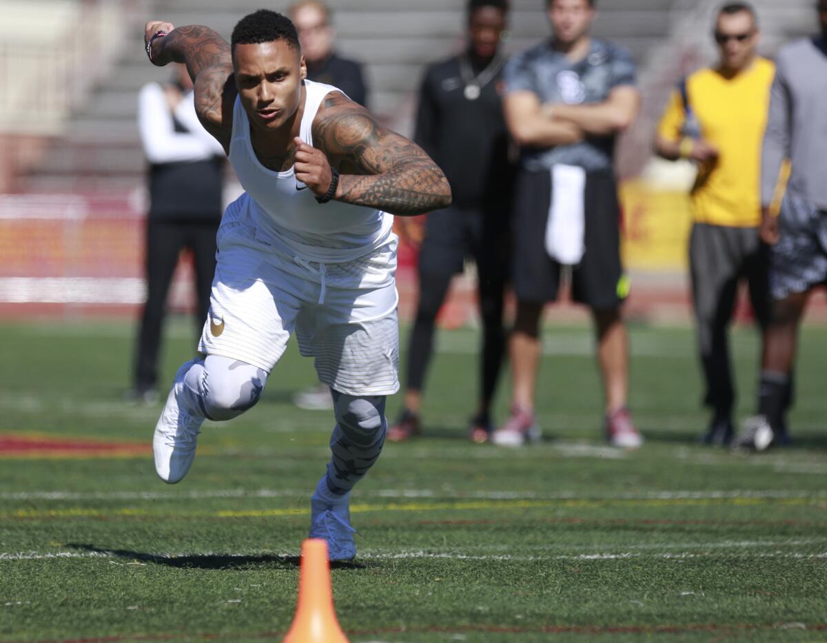 USC linebacker Su’a Cravens takes part in the team's NFL pro day event on March 23.