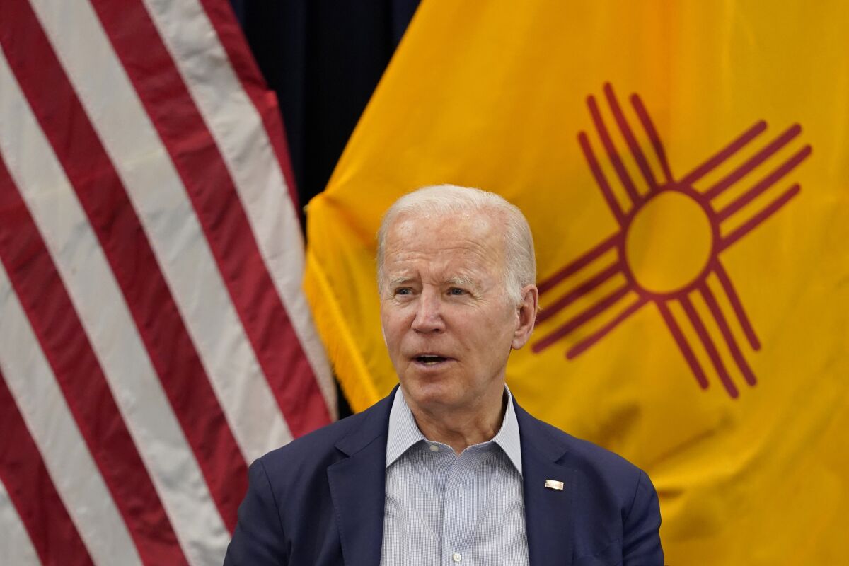 President Joe Biden speaks during a briefing on the New Mexico wildfires at the New Mexico State Emergency Operations Center, Saturday, June 11, 2022, in Santa Fe, N.M. (AP Photo/Evan Vucci)
