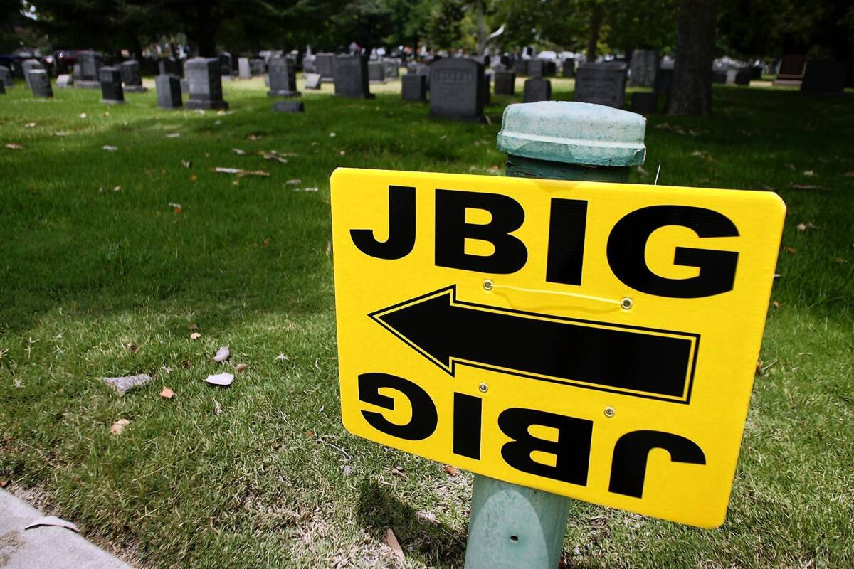 JCL Barricade Co. in Los Angeles makes as much as 80% of the yellow signs by film and TV production companies in the L.A. area. Above, a sign for a movie shoot at Mountain View Cemetery in Altadena.