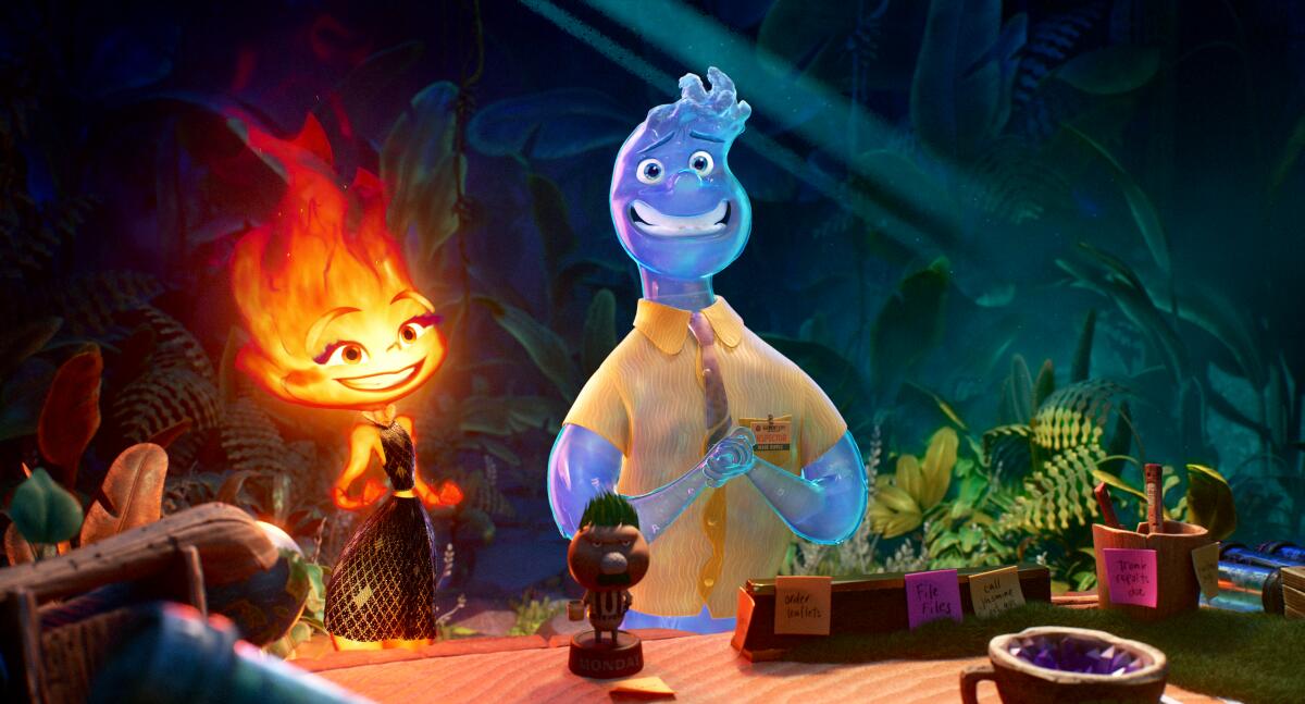 An animated -- and anthropomorphized -- female flame and male water drop wear big smiles in a scene from "Elemental." 
