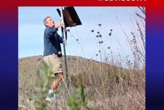 A wanted poster shows a gray-haired man in shorts handling equipment on a metal pole amid weeds and grass.