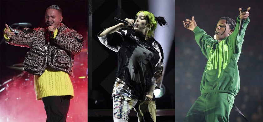 This combination photo shows J Balvin, from left, Billie Eilish and A$AP Rocky, who will headline at the Governors Ball Music Festival on Sept. 24-26 in Queens at the Citi Field complex. (AP Photo)